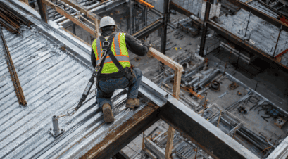 Construction worker wearing a full-body fall protection harness and lanyard while working near the edge of an elevated steel deck.